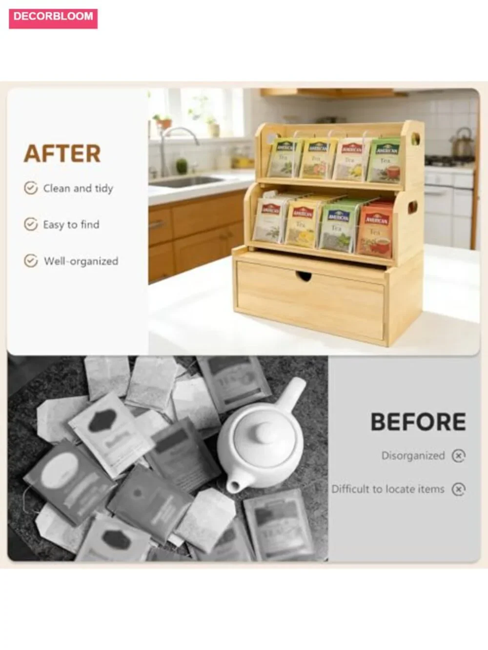 3-Layer Stackable Bamboo Tea Bag Organizer with Drawer, No-Tool Assembly